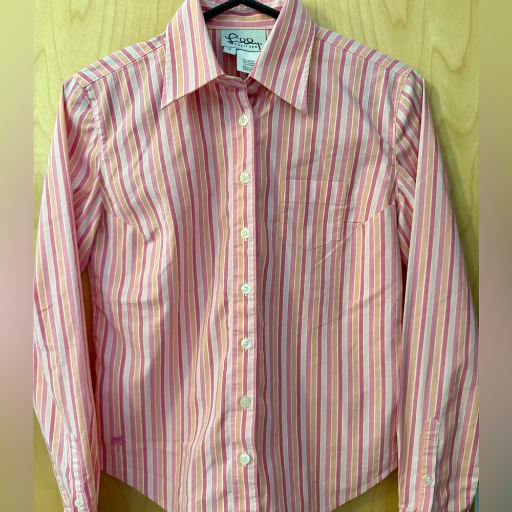 LILLY PULITZER VINTAGE Pink & White STRIPED Button Down Shirt